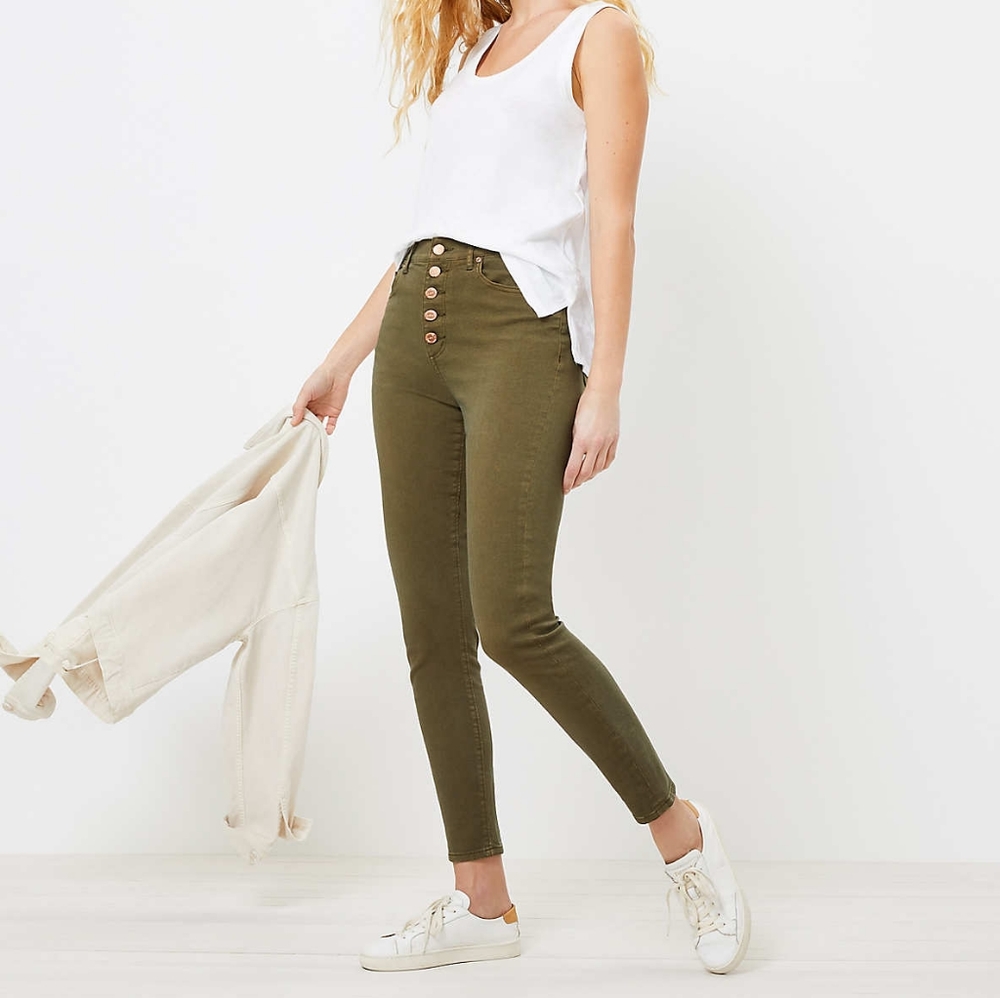 LOFT skinny fitted high rise button fly denim jeans, 28", green